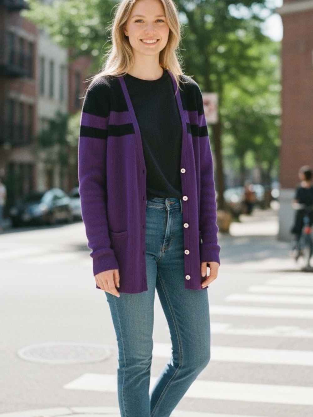 Ralph Lauren Purple &‎ Black Tight Knit Long Sweater Cardigan Women’s Large